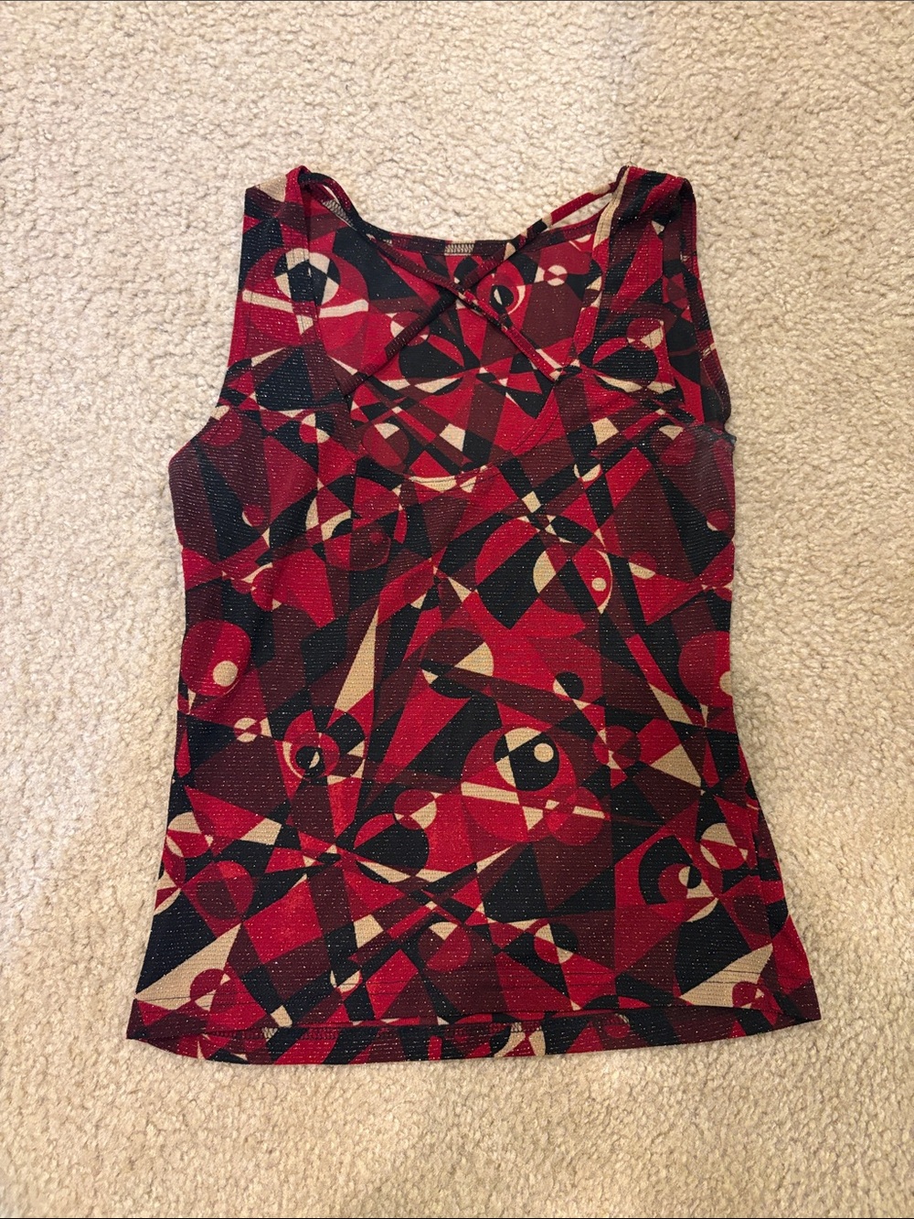 Sleeveless Geometric Print Tank Top - Red, Black & Cream